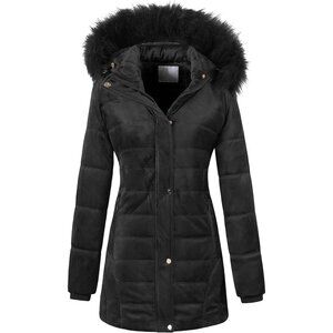 Women's Black Winter Warm Coat Velvet Quilted Faux Fur Hood Puffer Jacket